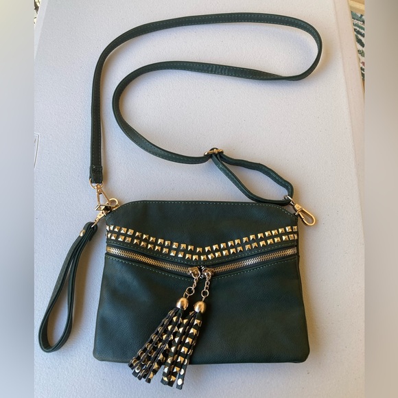 Dark green convertible bag with gold studded hardware and fringe zipper details - Picture 1 of 14